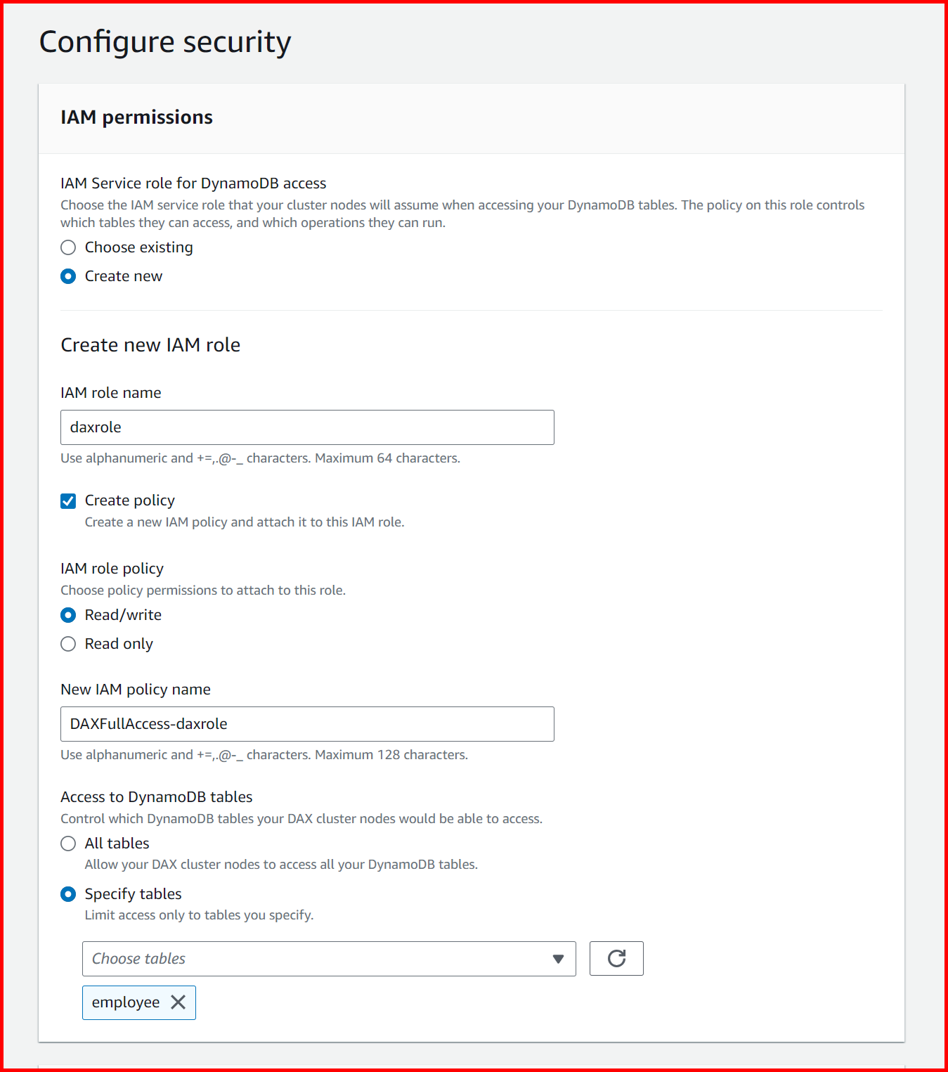 Picture showing the third step of the create cluster screen for selecting the dynamo db tables